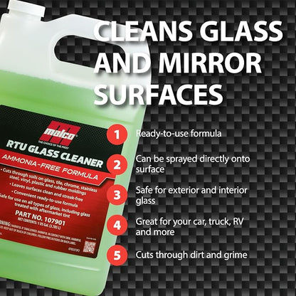 Malco Ready-To-Use Glass Cleaner - Streak-Free Removal of Dirt, Grease, Oils, & Bug Debris from Glass, Chrome, Tile, Stainless Steel, Vinyl, Rubber/Ammonia-Free & Tint Safe / 1 Gallon (107901)
