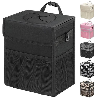 Capolo Car Trash Can with Lid, Leakproof Car Trash Bag Hanging Waterproof Automotive Garbage Can with Storage Pockets Mini Vehicle Trash Bin for Back/Front Seat(Black,4 Gallon)
