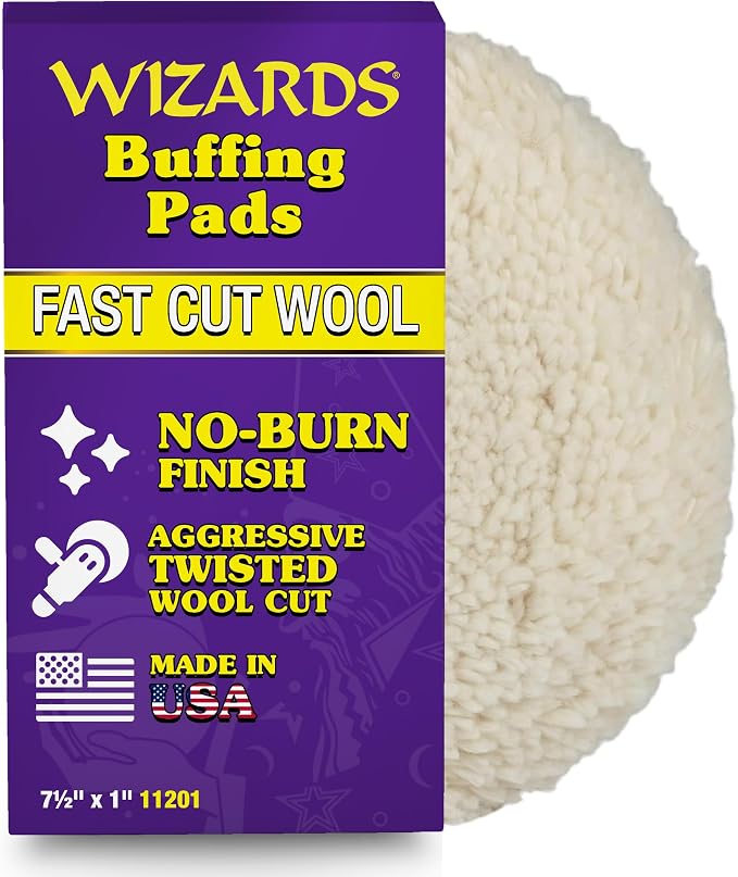 Wizards Fast Cut Wool Buffing Pad - Twisted Wool ‎and Velcro-Backed Wax Applicator Pad - for Auto Detailing, Cleaning and Protection - Aggressively Cuts Without Burning Paint - 7½" x 1"