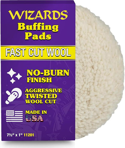 Wizards Fast Cut Wool Buffing Pad - Twisted Wool ‎and Velcro-Backed Wax Applicator Pad - for Auto Detailing, Cleaning and Protection - Aggressively Cuts Without Burning Paint - 7½" x 1"