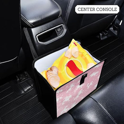 Car Trash Can Organizer Bin with Adjustable Strap for Back Front Seat Console Waterproof Leakproof Collapsible Portable 8.66 Inch Pink Unicorns Silhouette and Stars