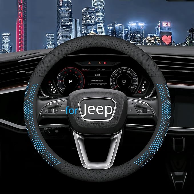 Yangday Leather Steering Wheel Cover for Jeep Wrangler Grand Cherokee Compass, 14.5-15 inches Car Steering Wheel Cover with Non-Slip Breathable (Blue)