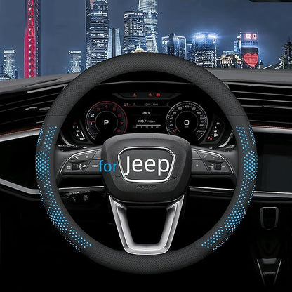 Yangday Leather Steering Wheel Cover for Jeep Wrangler Grand Cherokee Compass, 14.5-15 inches Car Steering Wheel Cover with Non-Slip Breathable (Blue)