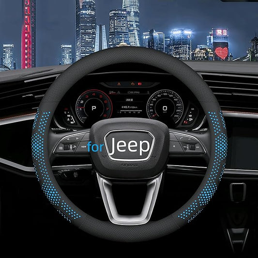 Yangday Leather Steering Wheel Cover for Jeep Wrangler Grand Cherokee Compass, 14.5-15 inches Car Steering Wheel Cover with Non-Slip Breathable (Blue)