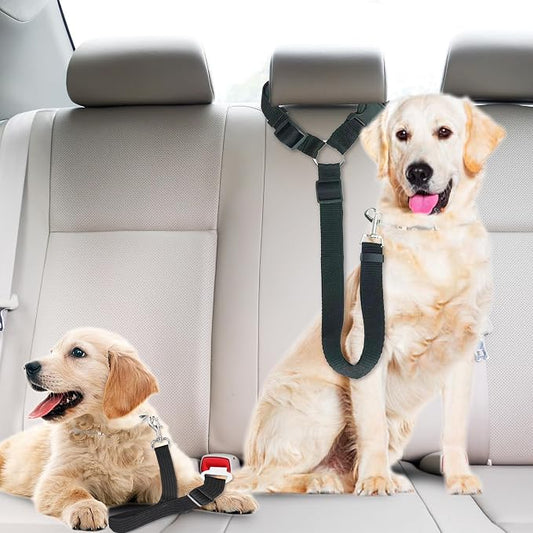 SunGrow Dog Seatbelt & Leash, Universal Vehicle Seatbelt Harness for Car Headrest, Pet Travel Essential, Adjustable Lead, Black Nylon, 19”-31” & 14-19” x 17-30”, 2 Pcs. Per Pack