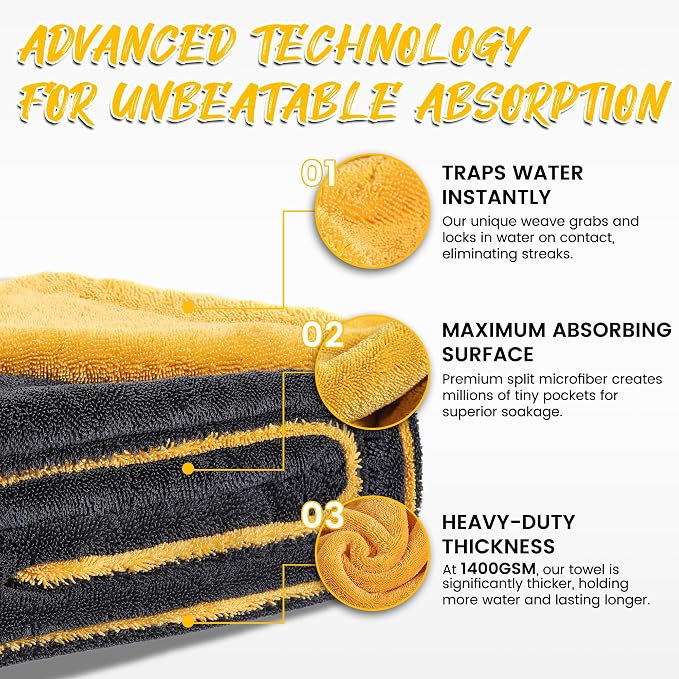 PUGPIU Car Drying Towel - 1400GSM Extra Large Super Absorbent Microfiber Towels for Cars 24"x36" - Large Edgeless with Twisted Loop, Lint-Free & Streak-Free for Auto Detailing, SUV, Truck (Yellow)
