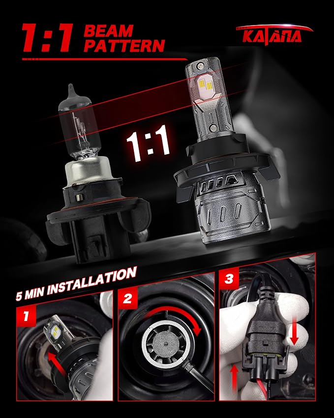KATANA H13 Light Bulb. 9008 Bulb 400% Brightness Super Bright 70W 6500K White Mini Size Plug and Play Fog Bulb of 2