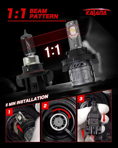 KATANA H13 Light Bulb. 9008 Bulb 400% Brightness Super Bright 70W 6500K White Mini Size Plug and Play Fog Bulb of 2