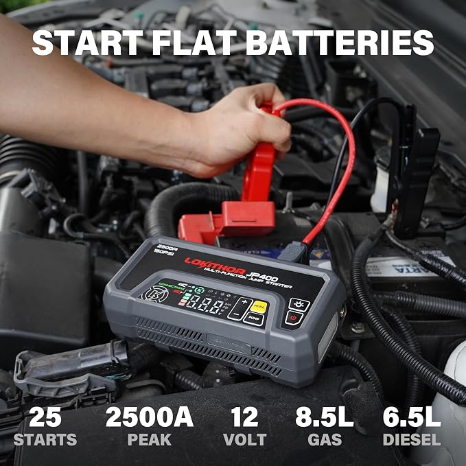 LOKITHOR JP400 Jump Starter with Air Compressor, 2500A 12V Car Battery Jumper Starter Portable (8.5L Gas/6.5L Diesel) Jump Box for Car Battery with ConnectMax, 150PSI Tire Inflator, Jumper Cables