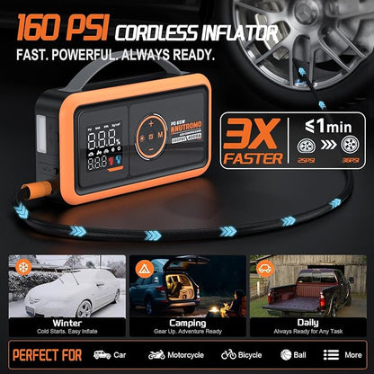 4000A Car Battery Jump Starter with 160PSI Air Compressor & 65W Fast Charger, 24,000mAh 88.8Wh Portable Jump Box (10.0L Gas/10.0L Diesel), 12V Car Battery Booster with Tire Inflator-Vibrant Orange