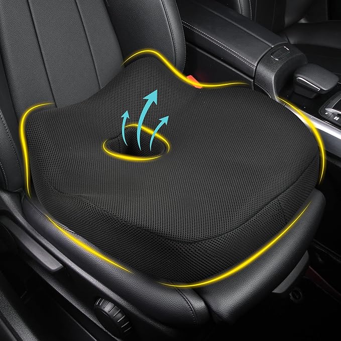 Car Seat Cushion, Ergonomic Memory Foam Car Cushion for Sciatica Pain Relief, Larger Driving Seat Pillow for Short Drivers on Long Drives - Butt Pillow for Truck, Office, Wheelchair - Classic Black