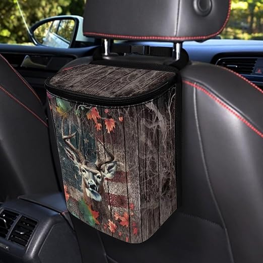 Talayituse Deer Wood American Flag Print Car Trash Can, Portable Auto Garbage Bin Multifunctional Vehicle Interior Accessories with Adjustable Straps Universal Fit Truck SUV Sedan