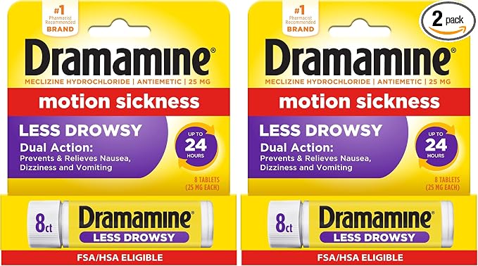 Dramamine Motion Sickness Relief Less Drowsey Formula, 8 Count (Pack of 2)