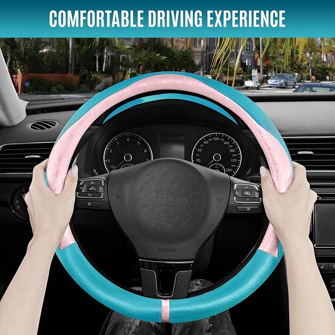 PIC AUTO Steering Wheel Cover, Pink Patterned & Blue Leather Patchwork Design, Universal Fit 14.5"–15.5", Anti-Slip, Odor-Free, Soft PU Grain Leather, Durable Grip Car Accessory for Girls & Women