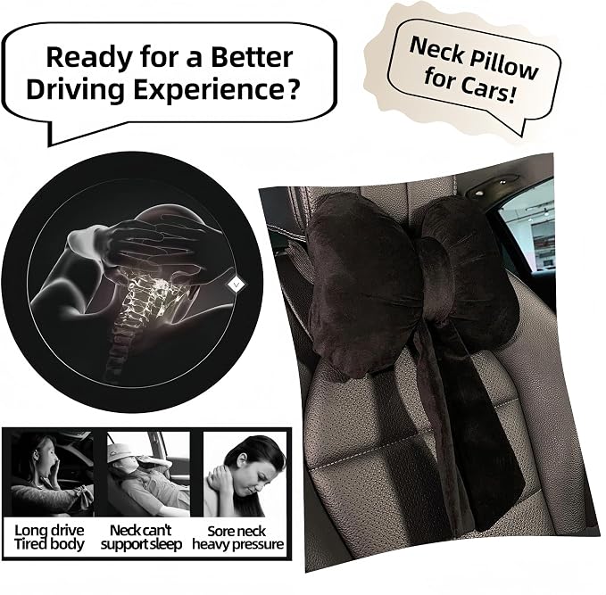 Car Neck Pillow 2PCS Plush Bowknot Car Headrest Pillow – Comfortable Neck Support for Driving Soft Touch Fabric Car Pillow Cute Interior Decor (Black)