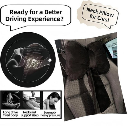 Car Neck Pillow 2PCS Plush Bowknot Car Headrest Pillow – Comfortable Neck Support for Driving Soft Touch Fabric Car Pillow Cute Interior Decor (Black)