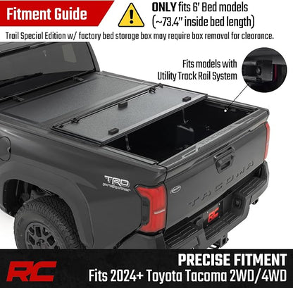 Rough Country Hard Tri-Fold Flip Up Tonneau Cover for Toyota Tacoma (2024-2026) - Flush Aluminum Bed Cover, Fits 6' Bed w/Utility Rail System