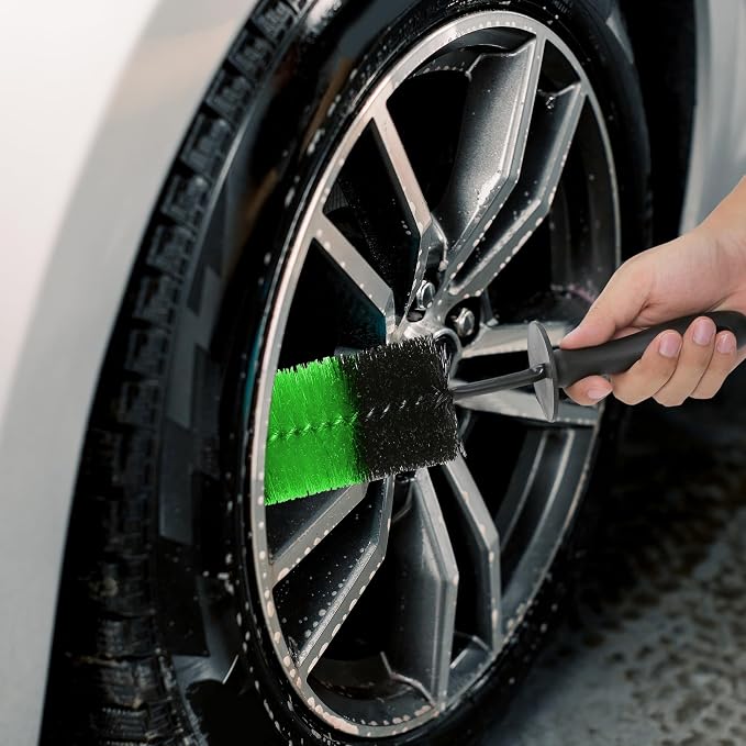 TAKAVU Master Wheel & Tire Brush, Easy Reach Rim Detailing Brush, Multipurpose Use for Wheels, Rims, Exhaust Tips, Motorcycles (Green)