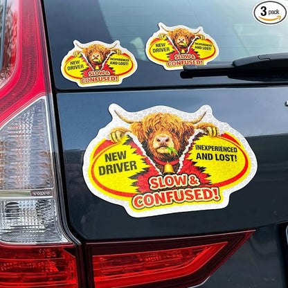 3 Pcs Reflective Student Driver Magnet and Stickers Set - Funny Animal New Driver Safety Signs for Car, Waterproof & Weatherproof High Visibility Vehicle Bumper Decals, Magnet + Stickers (Highland)