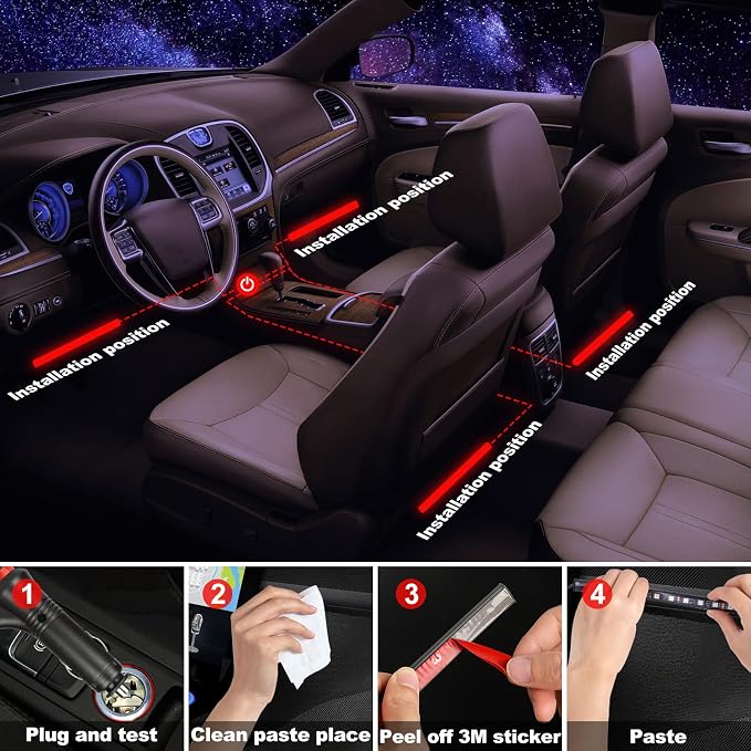 Car LED Strip Light Interior, Sound Active 4 Lines 48 LEDs Multicolor Music Sync Interior Car Lights Under Dash Waterproof led Lights for car, Wireless Remote Control, with Car Charger,DC 12V