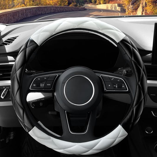 YHONGJT Cute Soft Microfiber Leather Anti-Slip Steering Wheel Cover, Universal 15 Inch for Women Girls, Fit Vehicles, Sedans, SUVs, Vans, Trucks - Black and White