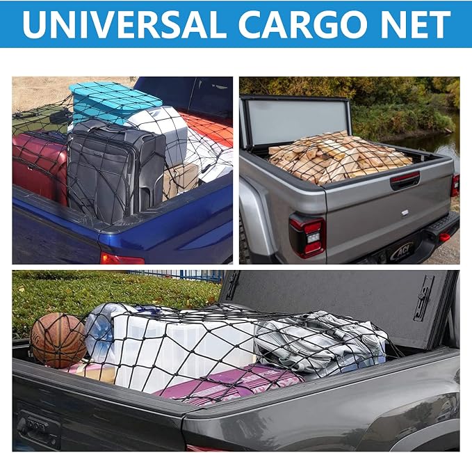Funmit 4 x 6 Ft Cargo Net for Roof Basket and Pickup Bed, Nice Elasticity Stretches to 8 x 12 Ft with 24 Carabiners, Bungee Cargo Netting Design for Most Car Models