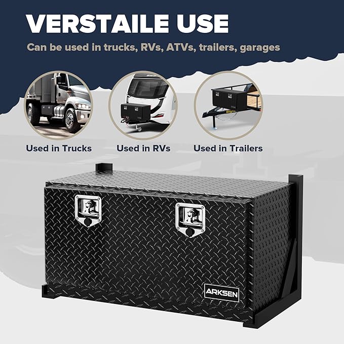 ARKSEN 36 x 17 x 18 Inch Underbody Tool Box, Heavy Duty Aluminum Diamond Plate Waterproof Square Storage Organizer Chest with T-Handle Lock & Keys for Pickup Truck, RV & Trailer – Black