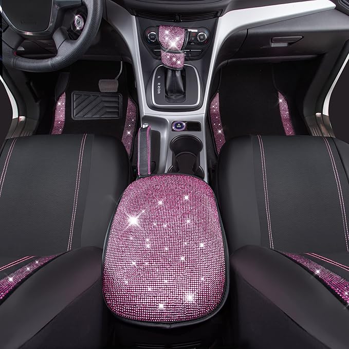 CAR PASS Bling Rhinestone Car Seat Covers Leather Shining Diamond Car Floor Mats Carpet with Anti-Slip Nibs Bling Diamonds Car Accessories Sets Pink Glitter Crystal Diamond Combo Set