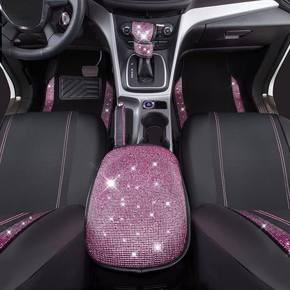 CAR PASS Bling Rhinestone Car Seat Covers Leather Shining Diamond Car Floor Mats Carpet with Anti-Slip Nibs Bling Diamonds Car Accessories Sets Pink Glitter Crystal Diamond Combo Set