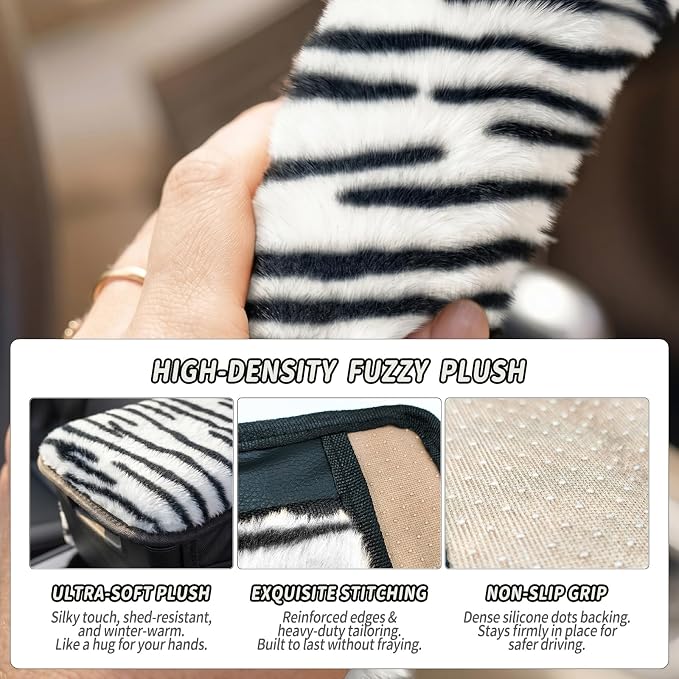 5 Pcs Fuzzy Animal Print Car Accessories Set, Soft Fluffy Plush Steering Wheel Cover, Center Console Armrest Pad & Rearview Mirror Cover - Interior Decorations for Women,Universal Fit (Zebra Print)