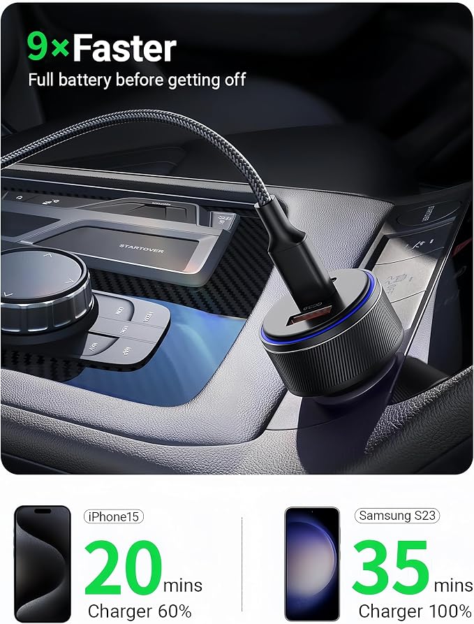USB C Car Charger,90W 3-Port Dual USB-C & USB-A Car Power Adapter,Includes a Fast Charging Cable for iPhone 16/15/14/13/12/11/Pro Max, iPad, Samsung Galaxy, Google Pixel and Android Devices