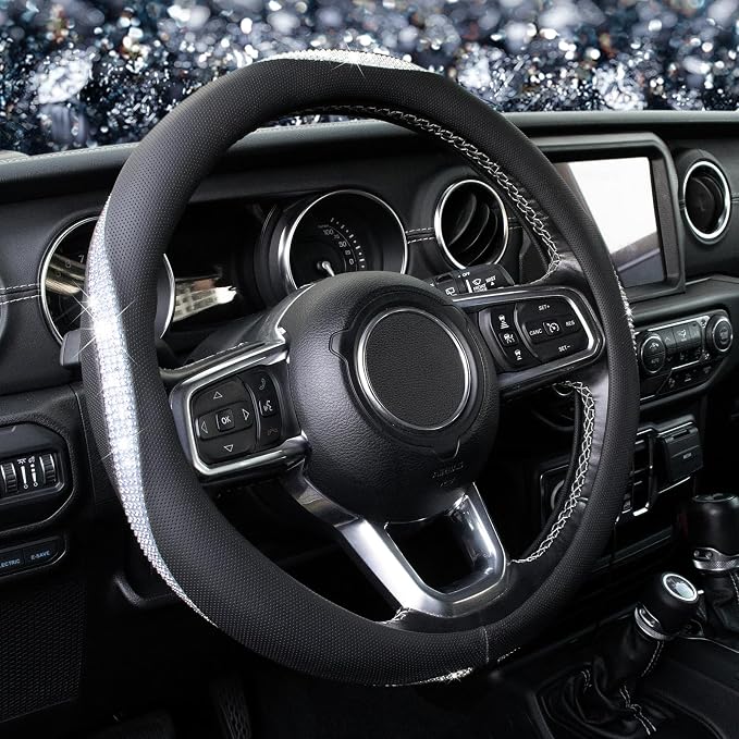 KAFEEK White Crystal Steering Wheel Cover, Sparkly Clear Diamond Breathable Leather Car Protector, Universal 15 Inch Fit for Women Girls, Anti-Slip Comfortable, Silver White