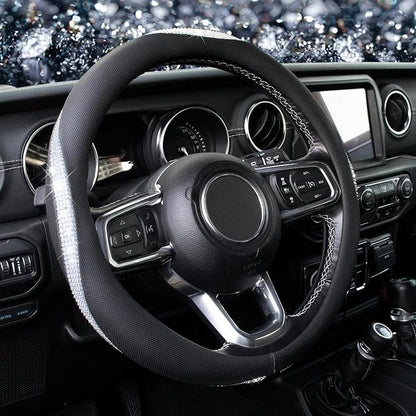 KAFEEK White Crystal Steering Wheel Cover, Sparkly Clear Diamond Breathable Leather Car Protector, Universal 15 Inch Fit for Women Girls, Anti-Slip Comfortable, Silver White
