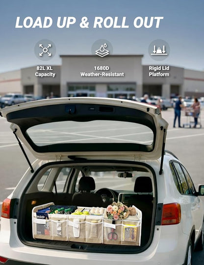 Heavy Duty Trunk Organizer with Lid for Car SUV-1680D Water-Resistant &3.5mm PP Skeleton,Collapsible Storage Box with No Sliding Metal Hooks,Fits Tesla,Truck,Sedan(XL, Cream)