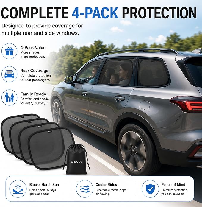 Enovoe Car Window Shades for Baby 2-Pack - 21" x 14" Inches Sun Shade Blocker, Cling Glare Shield and UV Rays Protection for Your Child - Side Windows Screens for SUV- Mesh Window Shades for car Baby