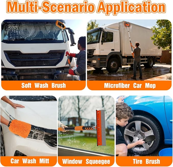 LAANPOLE 12FT Car Wash Brush with Long Handle, Car Cleaning Kit with Soft Bristle Wash Brush, Microfiber Cleaning Mop, Window Squeegee, Mitt, Wheel Brush for RV, Truck, Boat, House Siding