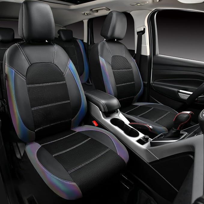 CAR PASS Leather Car Seat Covers Front Seats only, with Air Mesh Front Seat Covers Breathable, Cool Automotive Seat Covers 2 Pack, Universal Fit Most Cars,SUV,Truck,Van Airbag Compatible(Iridescent)