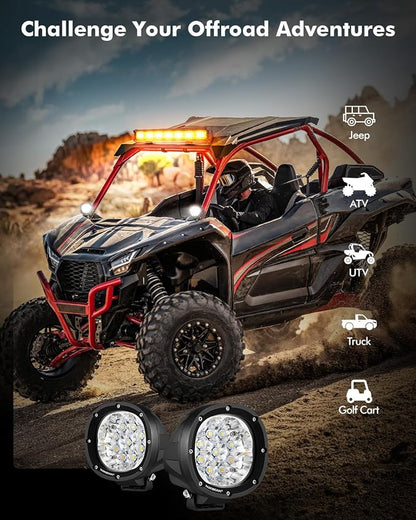 Auxbeam P4 Series Dual Color Round Strobe Light Pods 4-Inch 90W | Memory function flashing offroad lights, amber white 6-mode fog lights, automotive warning spot light bar