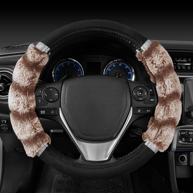 BDK Bear Fur Steering Wheel Cover, Plush Faux Fur Fuzzy Steering Cover for Car Truck Van SUV, Standard Size Fits Wheels 14.5-15 in Diameter, Two Tone Black/Brown with Glitter