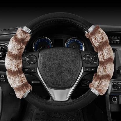 BDK Bear Fur Steering Wheel Cover, Plush Faux Fur Fuzzy Steering Cover for Car Truck Van SUV, Standard Size Fits Wheels 14.5-15 in Diameter, Two Tone Black/Brown with Glitter