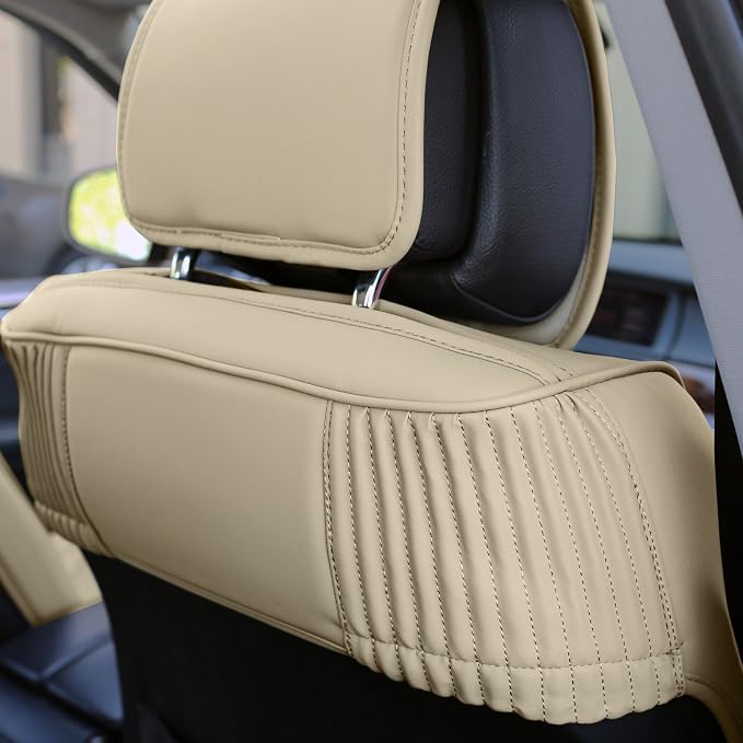 FH Group Ultra Comfort Highest Grade Faux Leather Full Set Cushion Pads Car Seat Covers for Front and Rear- Fit Most Car, Truck, SUV, or Van (Solid Beige)