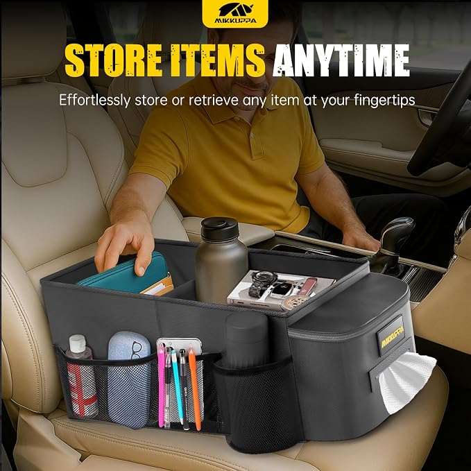 MIKKUPPA Car Seat Organizer - Front Passenger & Backseat Organizer with Tissue Box & Cup Holder, Car Seat Storage Box with Mesh Pockets, Road Trip Essentials for Kids