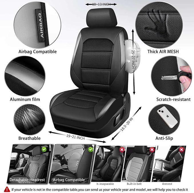 CAR PASS Memory Foam Car Seat Covers Full Set,Breathable Mesh Thick Seat Covers for Car,Gray Metal Film Leather Seat Covers,Universal Automotive Comfort for Most Car,Truck,Airbag Compatible,Black Gray