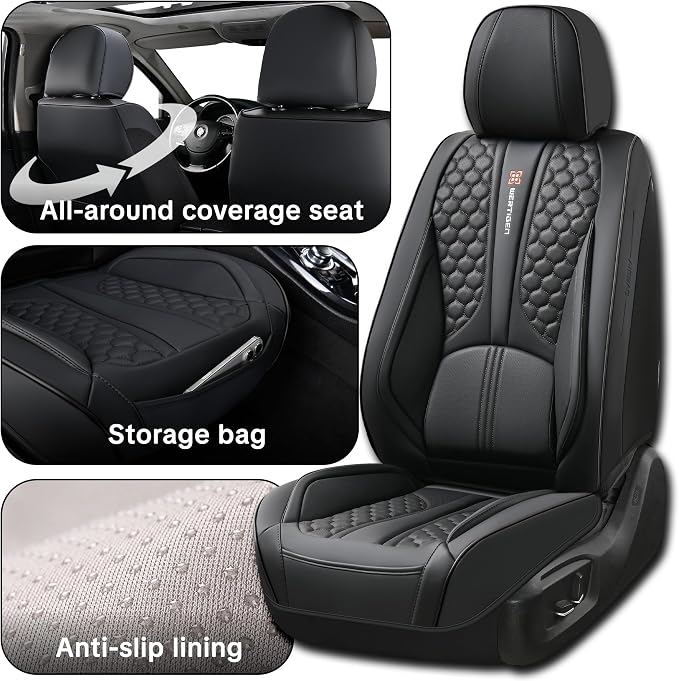 Black Car Seat Covers, Suitable for SUVs, Pickups, and Sedans, 5-Piece Complete Set, Automotive Interior Accessories, Waterproof Leather, with Lumbar Support, Airbag Compatible, Non-Slip