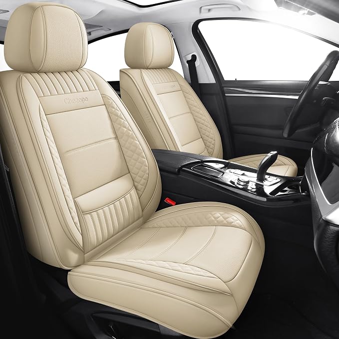 Leather Seat Covers, Beige Car Seat Covers Front Pair, Breathable Car Seat Protectors, Wear-Resistant Car Accessories, Universal Fit for Most Cars,SUVs Truck (Beige-Stripes, Front Pair)