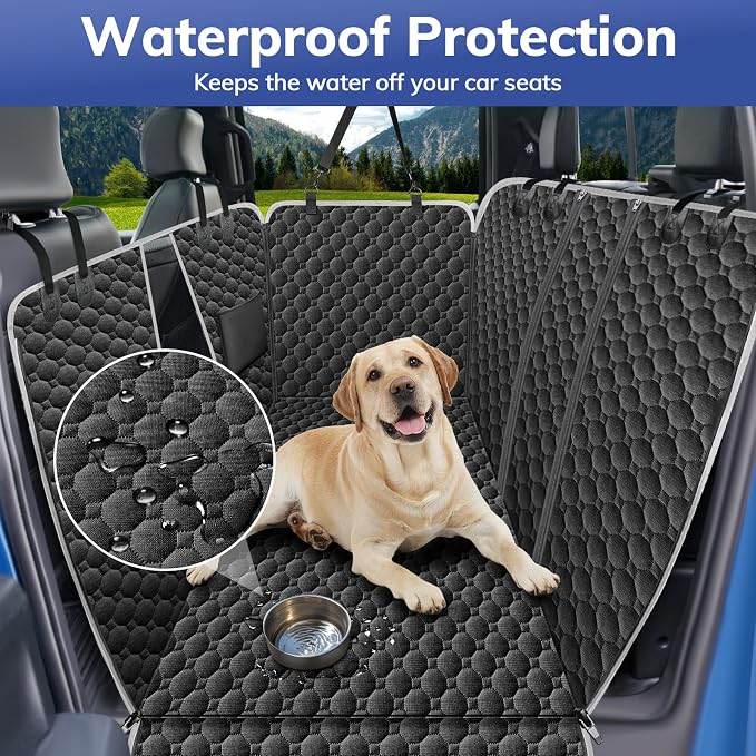 Mancro Waterproof Dog Back Seat Cover with Zipper Flap, Fit for F150/RAM | Visible Mesh Window,Split Seat Design，Great Gift，Storage Pockets，Effortless Cleaning