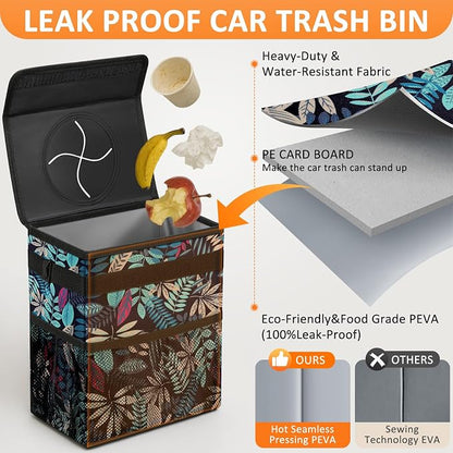 Vankor 3 Gallons Car Trash Can with Lid, Bag Bin Hanging Waterproof Automotive Car Garbage Cans Leak Proof Vehicle Trash Can for Truck SUV,Colorful Leaves
