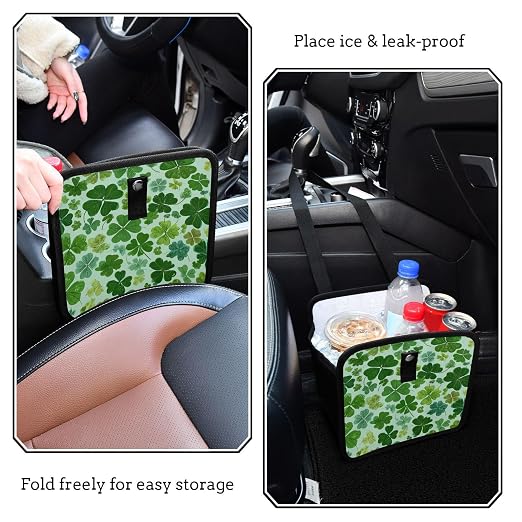 Car Trash Can Organizer Bin with Adjustable Strap for Back Front Seat Console Waterproof Leakproof Collapsible Portable 11 Inch Green Nature St Patrick Clovers
