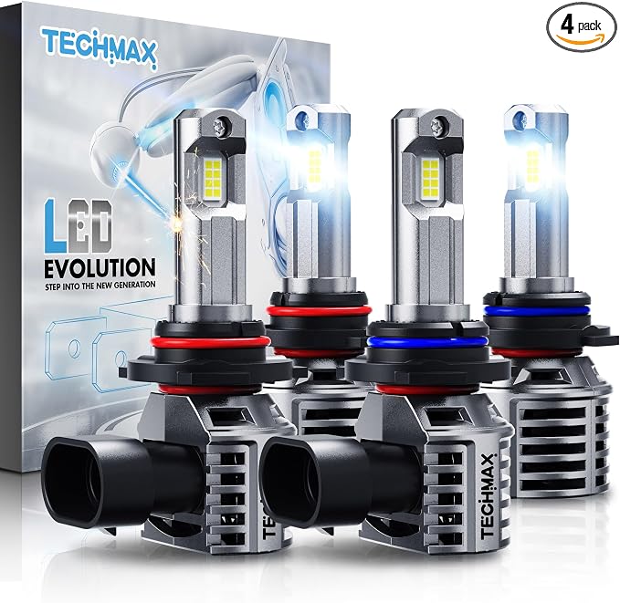 TECHMAX 9005+9006 Bulbs, +600% Ultra Brightness 6500K White 9005 9006 Combo Fog Light Bulb with Cooling Fan, Plug and Play, Pack of 4