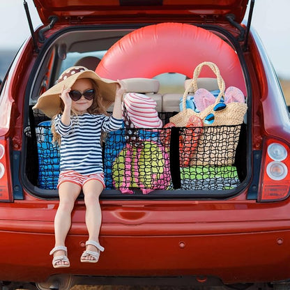 3 Pocket Cargo Net Trunk Bed Extender, 43.3” x 11.8” Mesh Truck Bed Organizer with Metal Hook, Heavy Duty Cargo Net for Cars, SUV